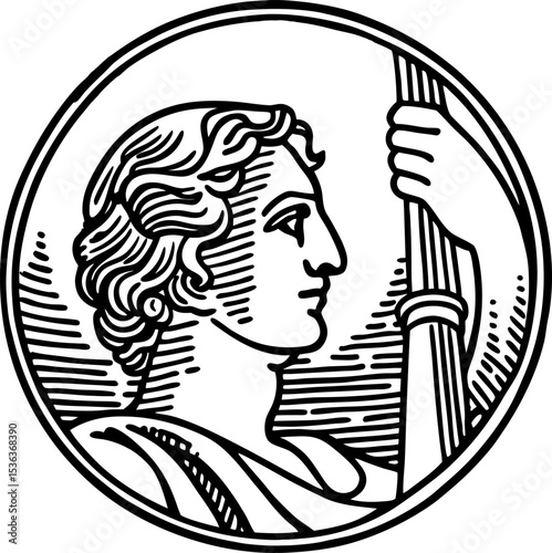 Classical figure holding staff in vintage engraving ancient portrait, greek or roman antique illustration