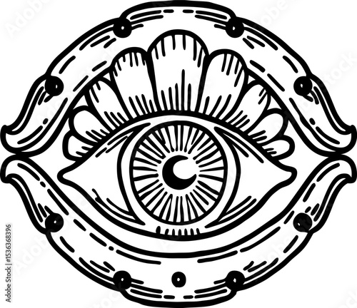 Mystical eye with ornate decorative elements vintage occult all seeing symbol, hand drawn detailed illustration