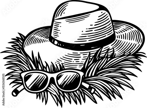 Summer beach hat and sunglasses with palm leaves stylish vacation accessory illustration, holiday relaxation concept