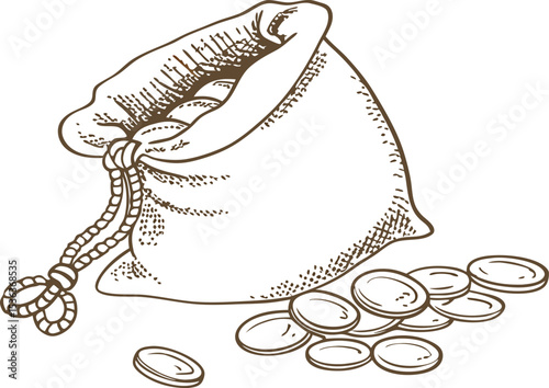 Cloth money bag filled with gold coins, vintage hand drawn illustration wealth, savings, financial prosperity concept