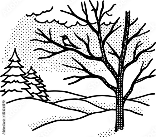 Leafless tree with perched bird in winter landscape bare branches, snowy hills, evergreen trees in nature scene