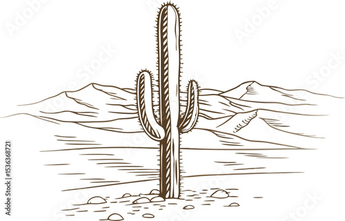 Desert cactus illustration hand drawn saguaro plant, rocky landscape and mountain range in dry arid wilderness