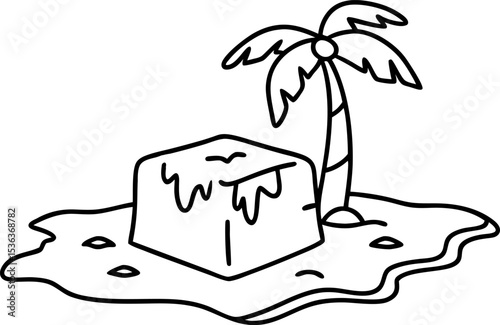 Melting ice cube on small tropical island with palm tree climate change, global warming, rising temperatures