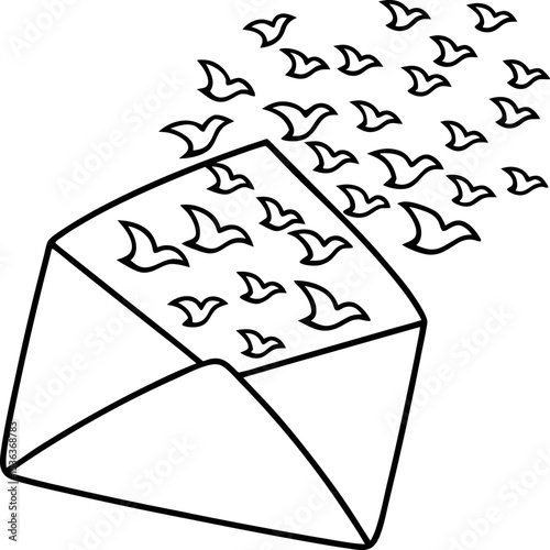 Envelope with flying birds symbolizing message freedom, communication, creativity, imagination, open possibilities