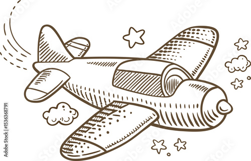 Vintage propeller airplane illustration hand drawn sketch of retro aircraft flying with stars and clouds, adventure concept