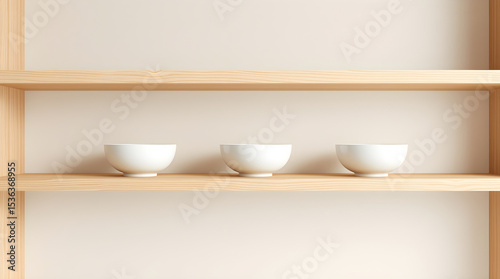 Three empty white bowls sitting on wooden shelves displaying minimalist design and organization