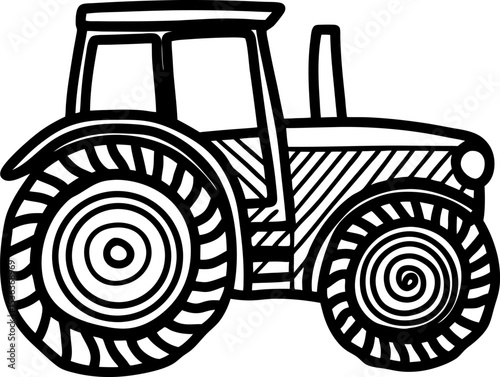Black and white tractor illustration farm vehicle with large wheels and detailed line art, agriculture machinery