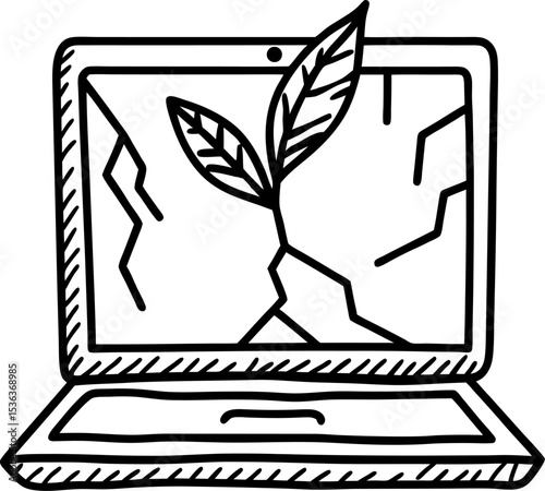 Seedling plant breaking through cracked laptop screen eco technology, green innovation, sustainability symbol