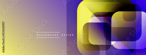 Abstract geometric shapes overlap, creating vibrant color gradients. Design features gold, purple, blue hues. Modern background element.