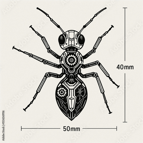 Futuristic symmetrical robot ant, uniquely designed.
For design, education, decoration, posters, futuristic NFTs, typography, and illustration assets.