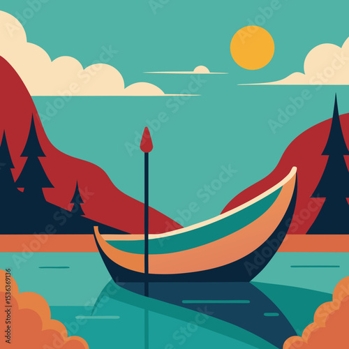 boat on the sea  canoe docked on still river with retro 