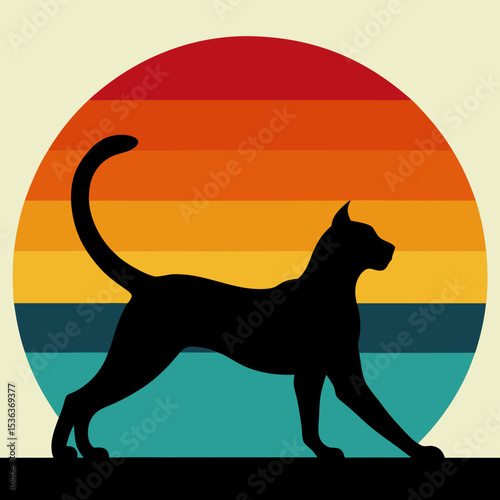 Cat stretch pose with faded sunset lines vector illustration