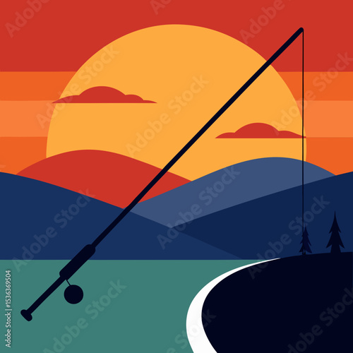 Fishing moment at lakeside with sunset colors vector illustration
