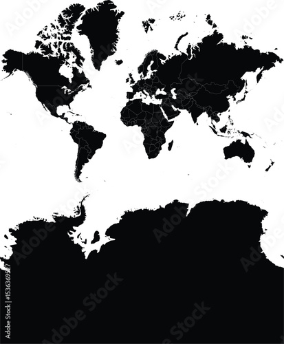 black silhouette world map with russia split and antarctica included, borders on white background