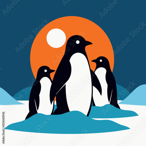 Group of penguins standing on icy lake under orange sun vector illustration
