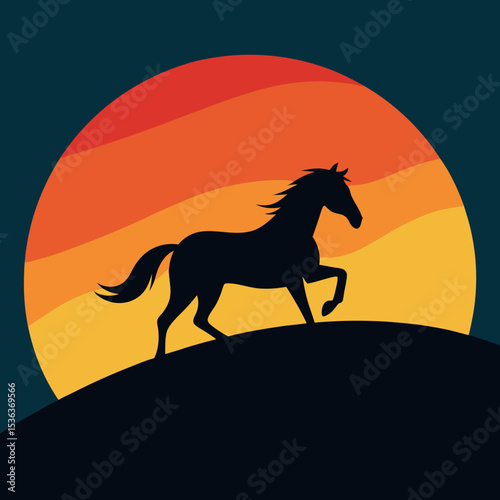 Horse racing over hills with striped sunset vector illustration