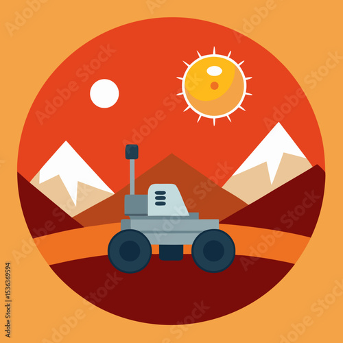 Mars rover driving across striped sun terrain vector illustration