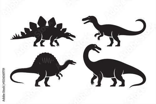 Four black dinosaur silhouette icons including iconic predators and herbivores in simple vector form, great for kids’ materials, fossil education, and minimalist prints