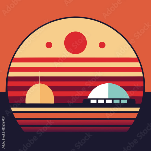 Sci-fi moon habitat in vintage striped cosmos vector illustration