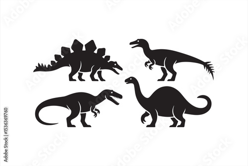 Collection of prehistoric dinosaur vector icons featuring clean black silhouettes of Stegosaurus, Spinosaurus, and long-necked herbivores for scientific visuals or graphic design