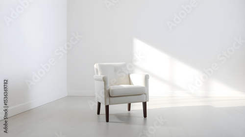 Comfortable white armchair illuminated by sunlight in minimalist interior design