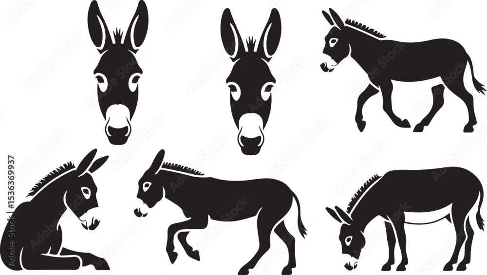 Obraz na plátně Stylized donkey silhouette vector collection featuring multiple animal poses and