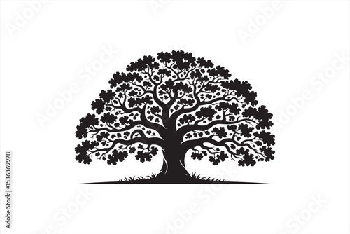 Minimalist Silhouette of Symmetrical Oak Tree with Rounded Canopy