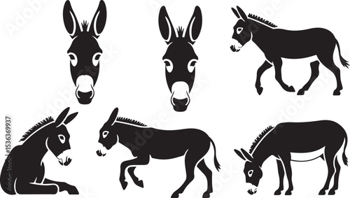 Stylized donkey silhouette vector collection featuring multiple animal poses and expressive head close-up for agriculture or design use