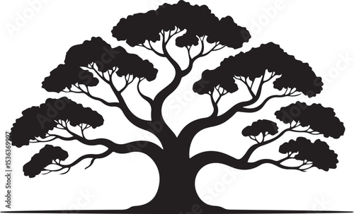 Symmetrical Oak Tree Illustration with Dense Canopy in Silhouette Style