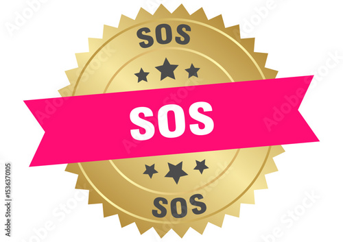sos. sos round pink and gold label isolated on transparent background
