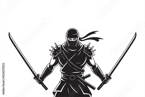 Antique Engraving Style Ninja Portrait Holding Two Swords in Classic Comic Look
