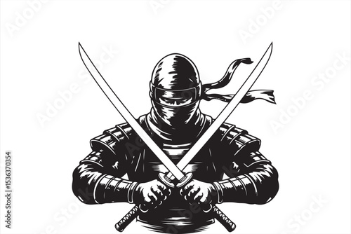 Vector Illustration of Ninja Warrior in Side Pose Holding Sword in High Guard Position