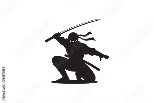 Minimalist Vector Illustration of Ninja with Red Bandana in Combat Stance Holding Katana