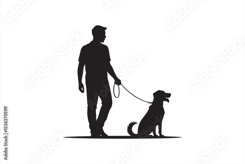 Trainer Kneeling with Dog Holding Leash in Black Silhouette Vector Art