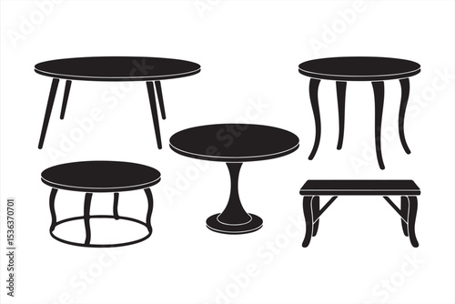 Black Vector Silhouettes of Round Tables and Benches in Vintage and Modern Mix