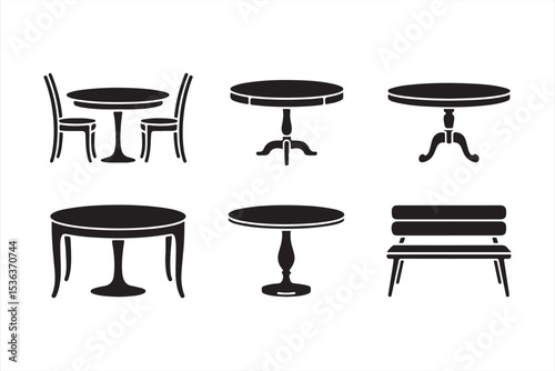 Furniture Icons Collection of Tables and Benches in Decorative Black Vector Art