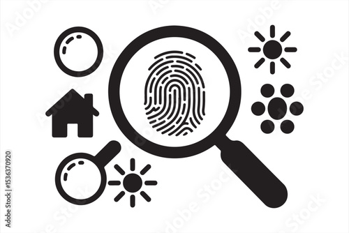 Investigation Icons with Fingerprint, Germs, and Home Viewed Through Magnifying Glasses in Minimalist Style