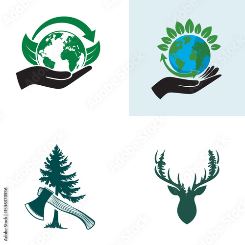 Collection of environmental and nature inspired logos with earth globe hand leaf tree and deer silhouette for conservation themes