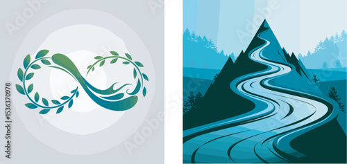 Elegant abstract design with an infinity symbol and serene landscape depicting a mountainous river scene