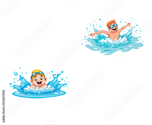Vsai happy children swimming and splashing in water