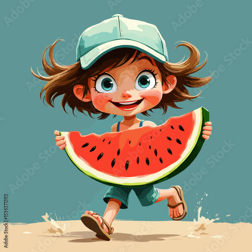Boy Eating Watermelon for National Watermelon Day - Summer Fruit Celebration Illustration