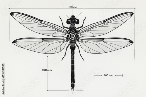 Futuristic symmetrical robot dragonfly, uniquely designed.
For design, education, decoration, posters, futuristic NFTs, typography, and illustration assets.