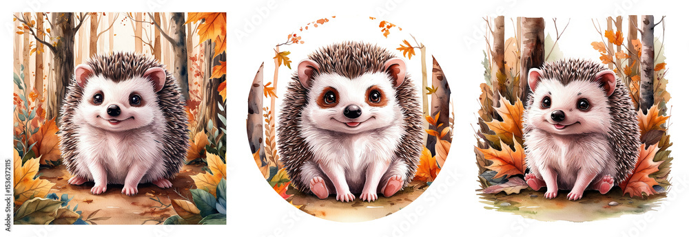 Fototapeta premium Cute Watercolor Hedgehog in Autumn Forest, Transparent PNG Clipart. Watercolor Illustration for Nursery and Storybook Projects on White Background. Hedgehogs isolated on transparent background.