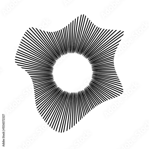 Circles of sound waves, audio music symbols, round voice icons, logos associated with equalizer, radial patterns in spectrum, rings. Flat vector illustrations isolated on white background.