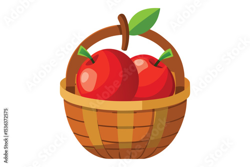 Ripe red apples, some in a basket, are fresh and healthy, with a leafy green vector illustration on a white background