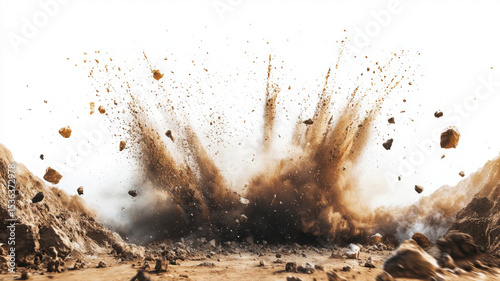 Powerful Ground Explosion with Flying Debris and Dust Isolated on White explosion dust ground debris
