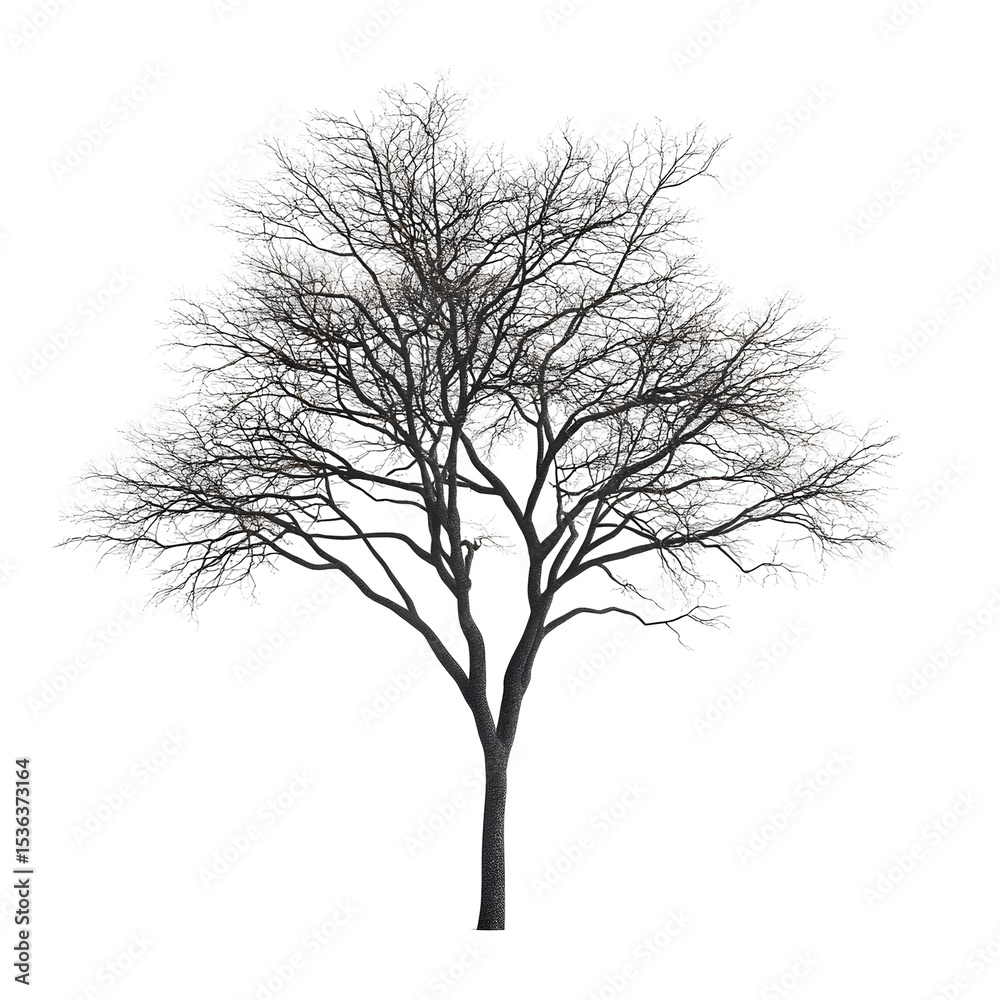 Obraz premium A bare, realistic tree with intricate branches, typical of winter, floats in mid-air against a stark white background.