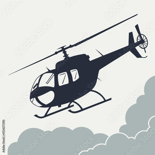 Silhouette vector of a helicopter flying in the sky, ideal for aviation themes, air transport graphics, military concepts, emergency services, and adventure scenes.