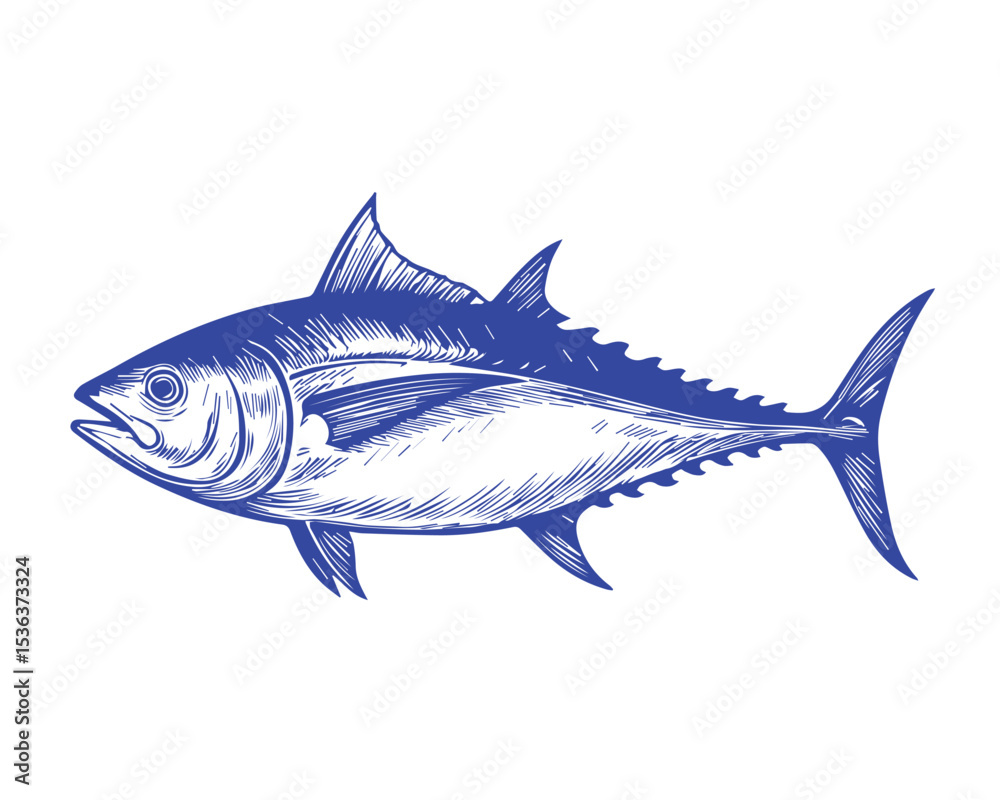 Fototapeta premium Vector line illustration of a tuna fish in blue color