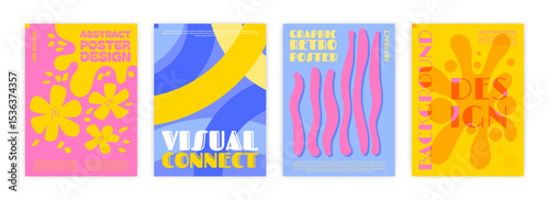 Poster trendy event. Retro exhibition collection. Layout shape geometry. Abstract design. Banner art text, label concept. Doodle flowers and curve lines, paint drops. Vector garish background set